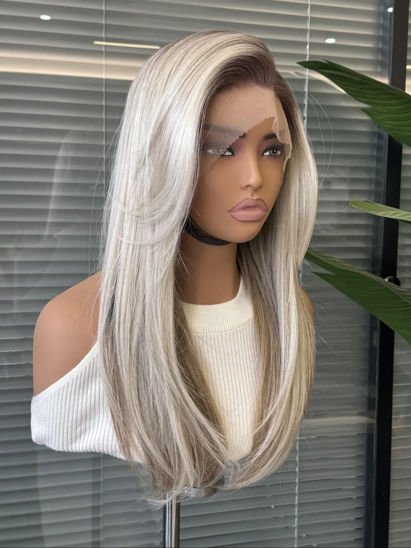 Topshe Hot Selling Lace Front Layered Long Straight Wig For Women, Dark Root Platinum Blonde Balayage, Pre Plucked Natural Hairline, Futura Silky Heat Resistant Fiber, Glueless Daily Party Wig