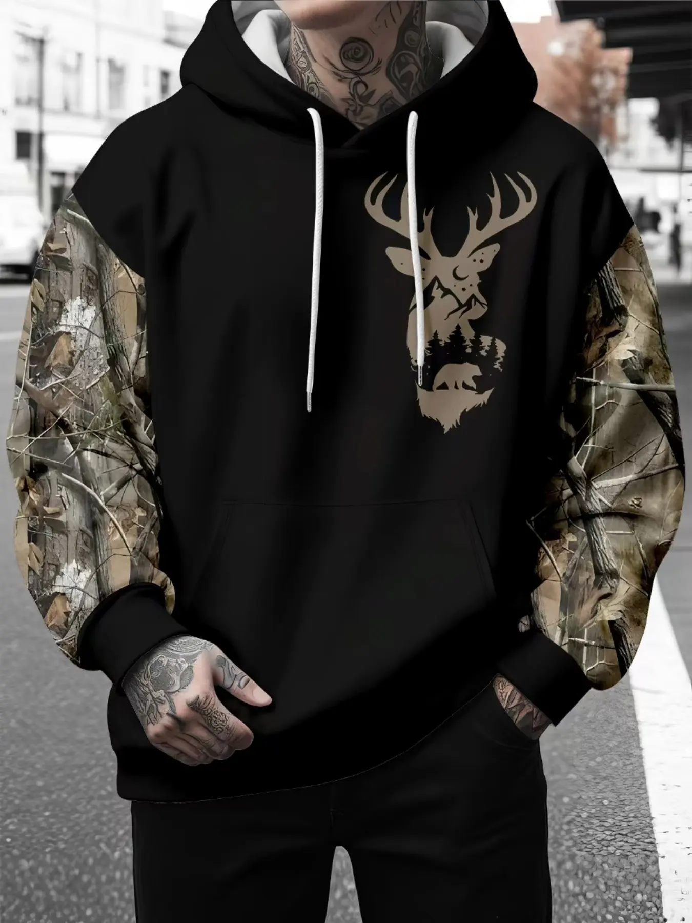 Men Patchwork Camo Sleeve Deer Head Mountain Bear Forest Silhouette Print Drawstring Hoodie, Outdoor Hunting Wildlife Long Sleeve Pullover Sweatshirt For Street Casual Camping Daily Outfit