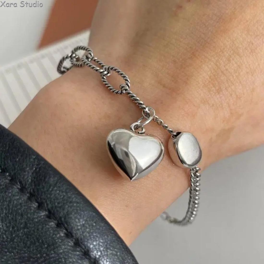 925 Sterling Silver Heart Bracelet for Women & Men – Vintage Retro Handmade Jewelry, Trendy Minimalist Chain Bracelet, Adjustable, Perfect Gift for Birthday, Anniversary & Everyday Wear