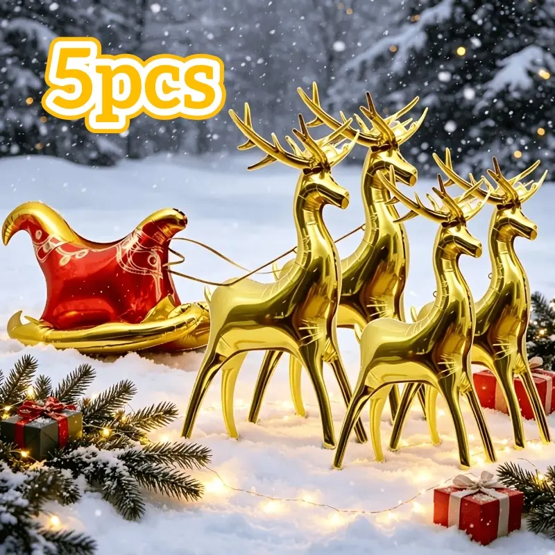 5-Pack Reusable Christmas Deer Sleigh Aluminum Foil Balloons, Durable Air Lock, Thick Foil, Perfect for Holiday Decorations