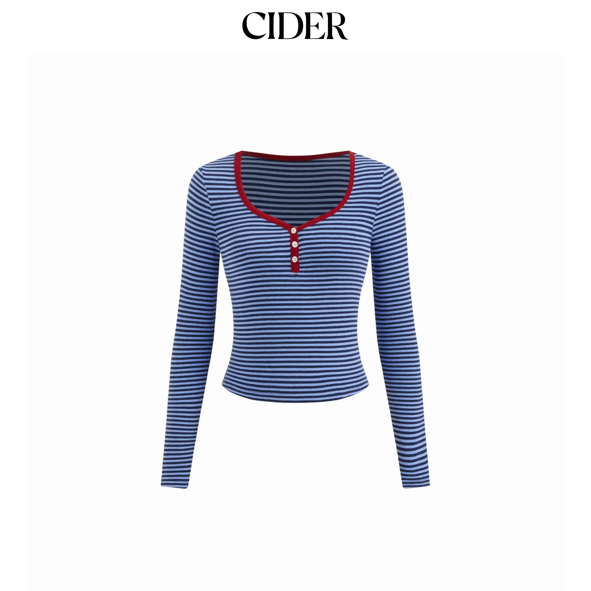 Cider Women's Striped Sweetheart Neck Long-Sleeve Tee with Contrasting Binding SummerFinds