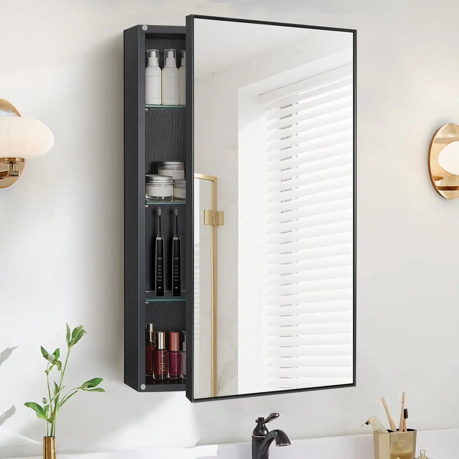 Medicine Cabinet Mirror, 20x30 Inch Rectangle Wall Mounted Bathroom Vanity Mirror with Storage & Adjustable Tempered Glass Shelves Medicine Cabinet for Bathroom, Black