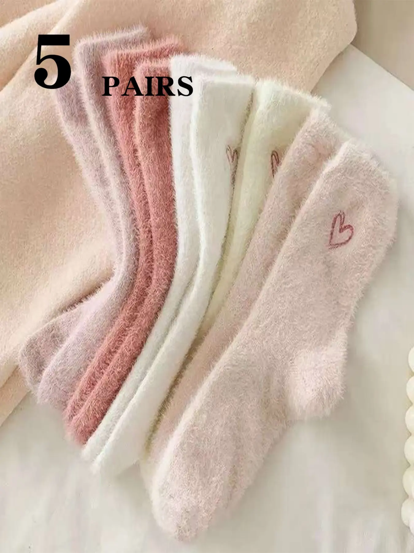 5 Pairs Heart Embroidered Mink Velvet Ankle Socks, Cozy Home Wear, Soft and Warm, Perfect for Daily Use, Comfortable Footwear