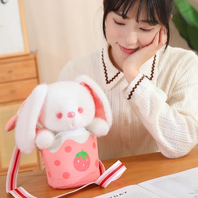Stuffed Funny Bunny Bear Plush Doll Strawberry Carrot Rabbit Plush Toy Soft Bear in Milk Tea Bag Creative Kids Birthday Gift