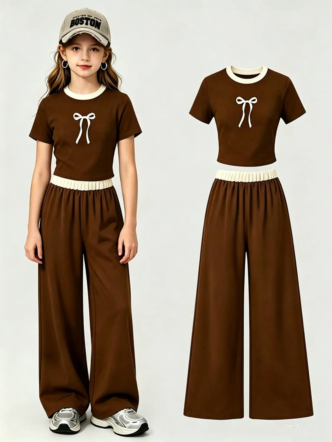 Teen Girl Clothes Set, Summer Clothing Set, Fashion Style Sets, Set Outfit, Spring New Fashion Casual Bow Print Round Neck Short Sleeve Top and Loose Straight Pants, Suitable for Daily Wear