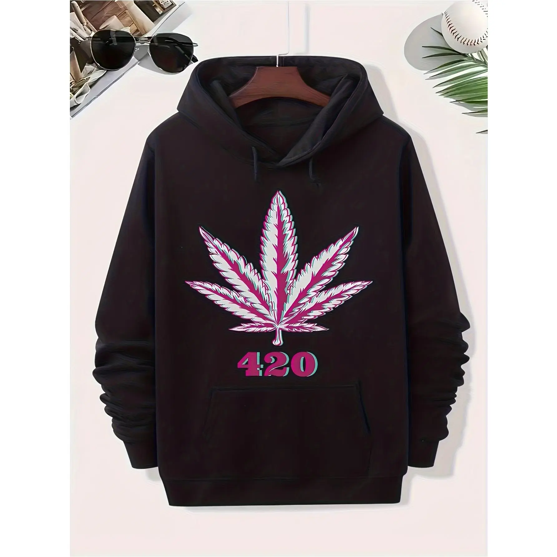& 420 Leaf & Leaf Graphic Hoodie - Soft Breathable Cotton Stretch Fleece Sweatshirt, Lightweight with Kangaroo Pocket, Machine Washable for Casual Outdoor Wear (Black, 420 Leaf Print) - Suitable for Gym, Weekend, Everyday