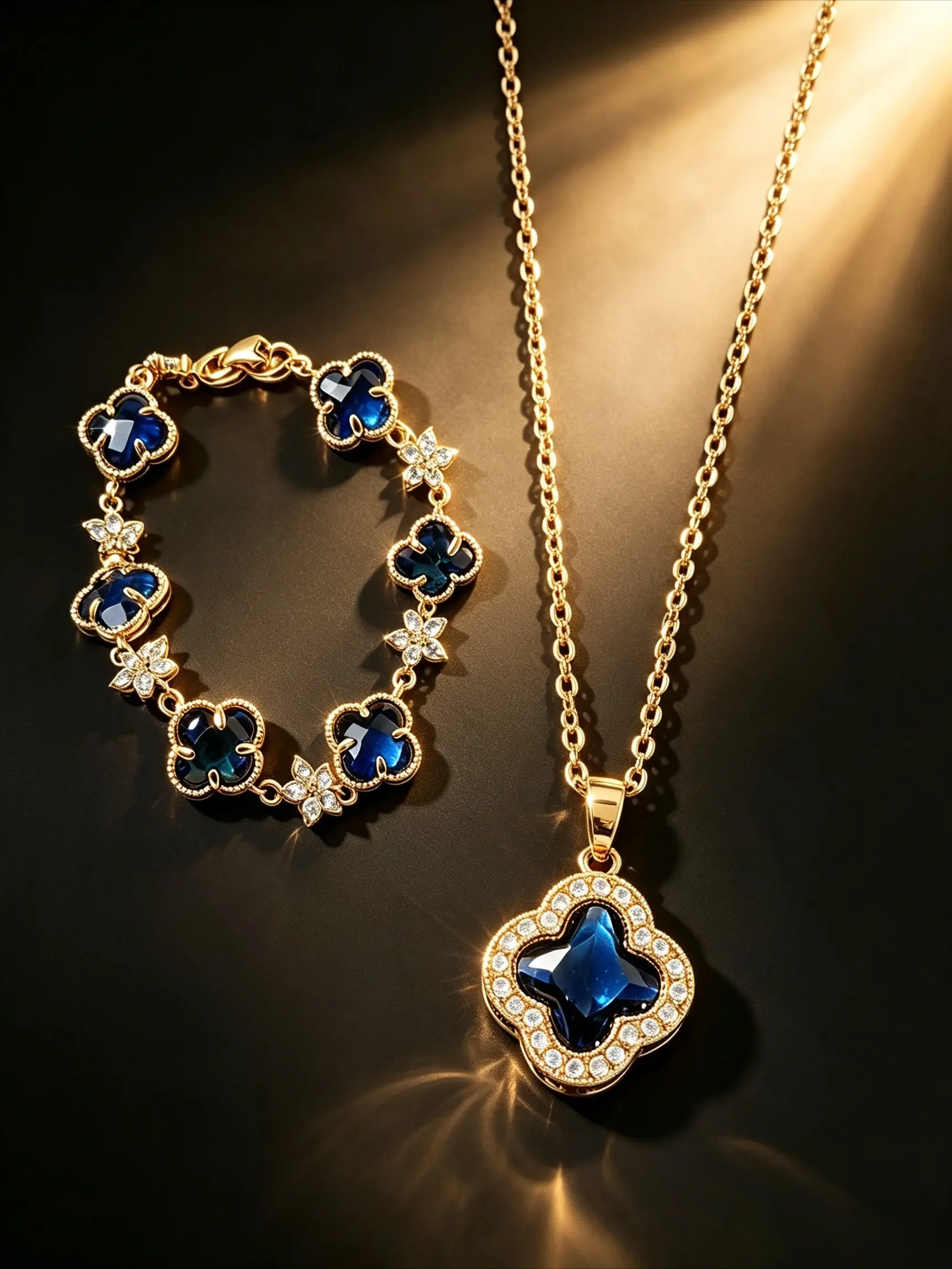 Gold Plated 2Pcs Women Clover Jewelry Set Imitation Emerald Ruby Sapphire Four Leaf Clover Pendant Necklace Link Bracelet White CZ Halo Ornament Kit Luxury Daily Stack Accessories For Office Banquet Photoshoot Valentine Birthday Anniversary Gift For Women