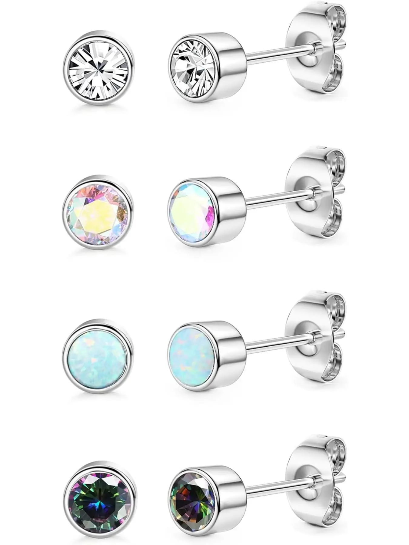 4 Pairs Titanium Earrings for Women Men Hypoallergenic Cubic Zirconia Opal Stud Earrings G23 Titanium Piercing Sleeper Cartilage Stud Earrings Set for Sensitive Ears 3/4/5MM Fashionable Jewelry Accessories