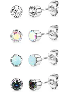 4 Pairs Titanium Earrings for Women Men Hypoallergenic Cubic Zirconia Opal Stud Earrings G23 Titanium Piercing Sleeper Cartilage Stud Earrings Set for Sensitive Ears 3/4/5MM