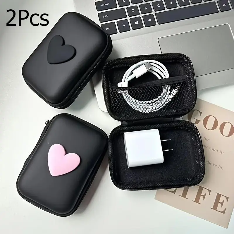 2pcs Heart-Shaped Tech Case with Zipper & Cable Organizer, Portable Storage Bag for Chargers & Earbuds, Ideal for On-The-Go Use