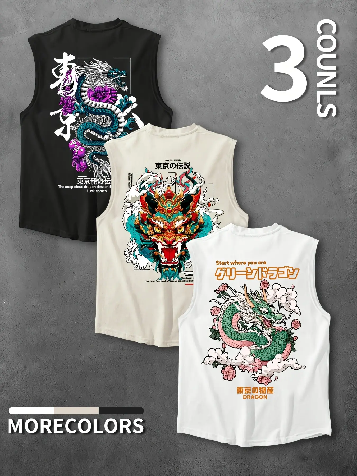3 Pack Men's Japanese Graphic Tank Tops Value Set - Sleeveless Muscle Shirts with Dragon & Oni Back Print for Gym Workout, Summer Streetwear & Beach