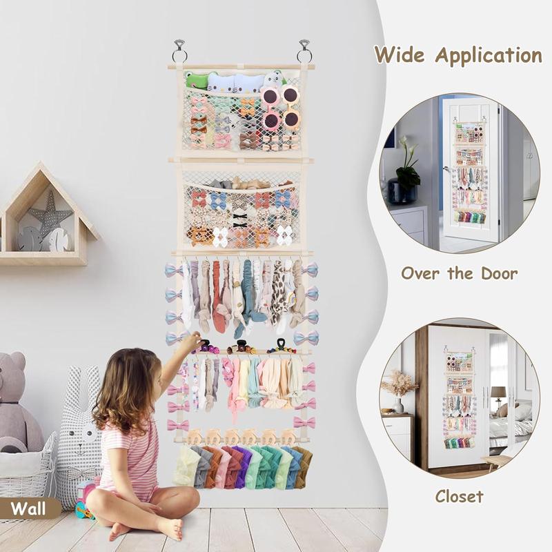 Headband Holder, 17x50in Bow Holder W/ 2 Mesh Pockets & 36 Metal Hooks, Bow Organizer for Girls Hair Clip Jewerly, Wall Hanging Hair Accessories Storage Hanger for Baby Toddler Nursery Decor(Beige)