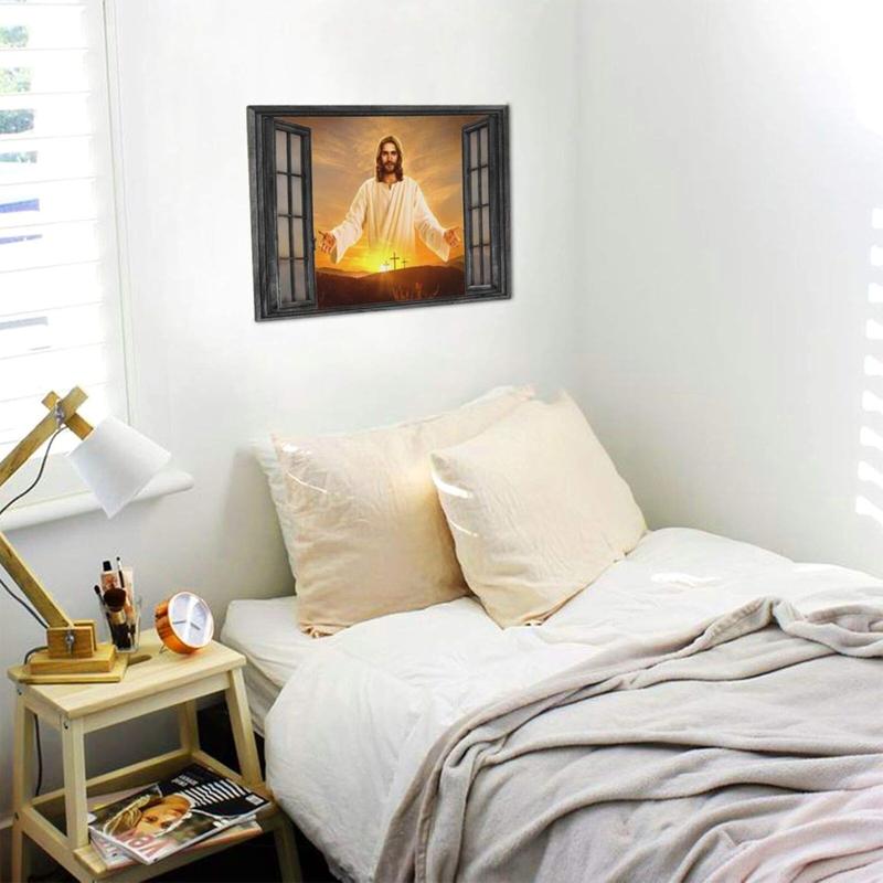 1 Count Jesus Christ Canvas Wall Art Jesus Greets You Welcome Back Window View Sunset Poster Christian Religious Modern Artwork Christ Spiritual Prints Framed Wall Decor For Bedroom Living Room 16x24inch