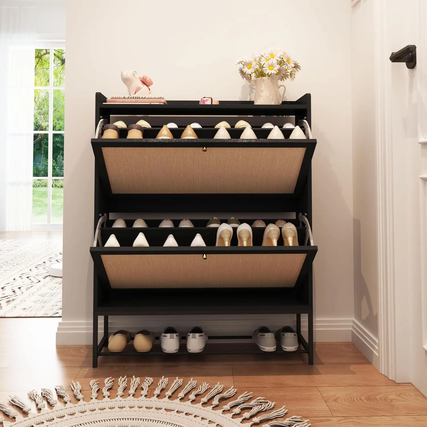 Narrow Shoe Storage Cabinet for Entryway with 2 Flip Drawers, Black | Freestanding Narrow Shoe Cabinet with  Linen Panel, Slim  Shoe Organizer Closed Shoe Rack for Hallway, Foyer