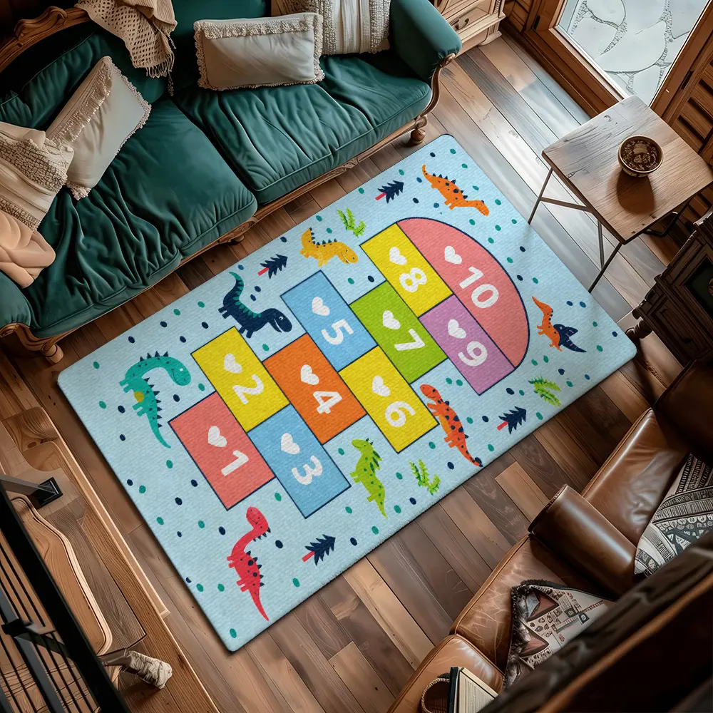 Light Blue Dinosaur Hopscotch Kids Play Flannel Flatweave Area Rug #DinosaurHopscotchPlayRug #CartoonDinoNumberGameMat #FlannelCarpet #BabyGameRoomDecor