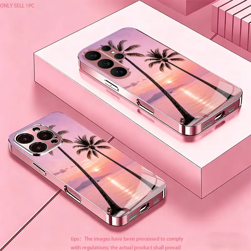 Pink Seaside Sunset Coconut Tree Pattern for Samsung Galaxy Note 8/Note 9/Note 10/Note 10+/Note 20/Note 20 Ultra/S8+/S9+/S10/S10+ Full coverage, stylish and luxurious, high-value protective case