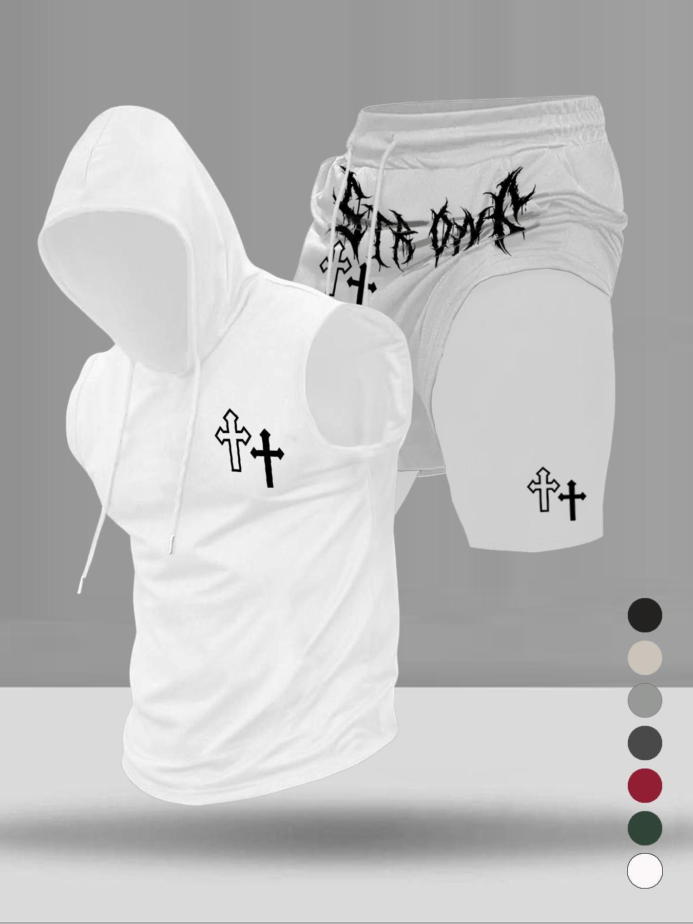 Men's Graphic Print Two-Piece Set, Stylish Hooded Sleeveless Vest and Drawstring Pocket Shorts, Summer Casual Wear for Sports and Daily Use