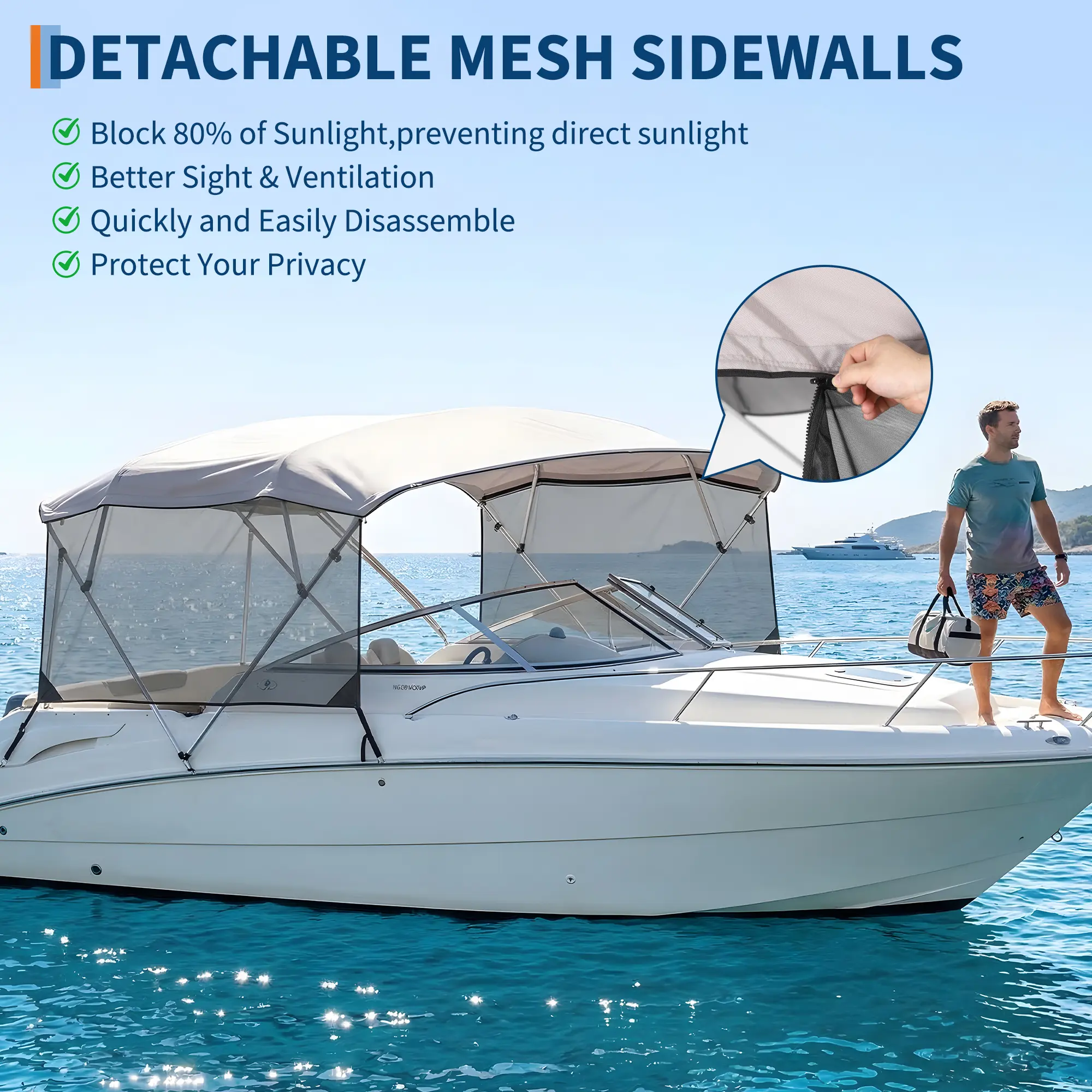 Global 4 Bow Bimini Top Replacement Canvas for Boats - Marine Grade 600D Sun Shade Canopy - Black - Mesh Side Curtain & Storage Boot Included - No Frame - Fits 8'L x 91-96"W x 54"H, Frameless, Mesh Sides