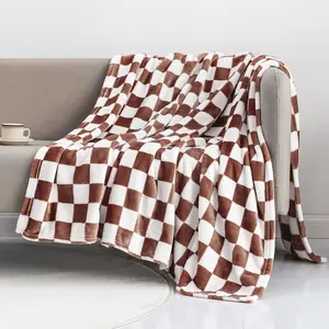 Throw Flannel Blanket with Checkerboard Grid Pattern Soft Throw Blanket for Couch, Bed, Sofa Luxurious Warm and Cozy for All (Coffee, 50"x60")