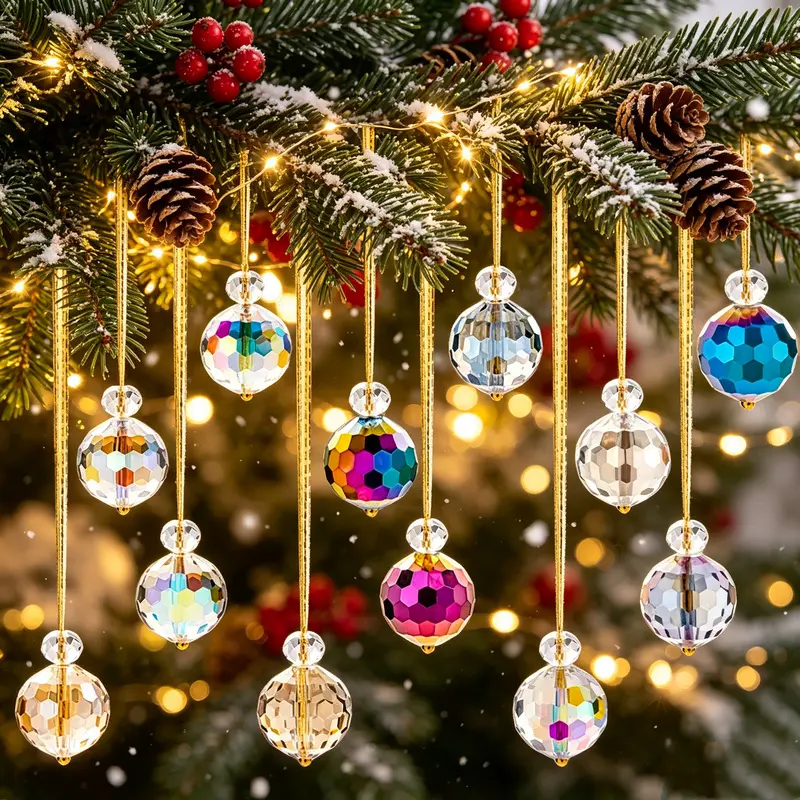 12 rainbow mini crystal ball pendants, 22mm in size, with a romantic style, suitable for DIY modification and home or car decoration. Christmas tree decoration.   They can also be used as accessories for necklaces and bracelets.