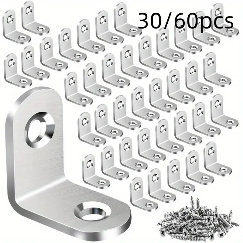 30/60pcs Set Stainless Steel Corner Brackets, 90 Degree L-Type Connectors, Thickened Iron Angle Braces, Furniture Support Fixtures, Mounting Brackets, Furniture Joint Bracket