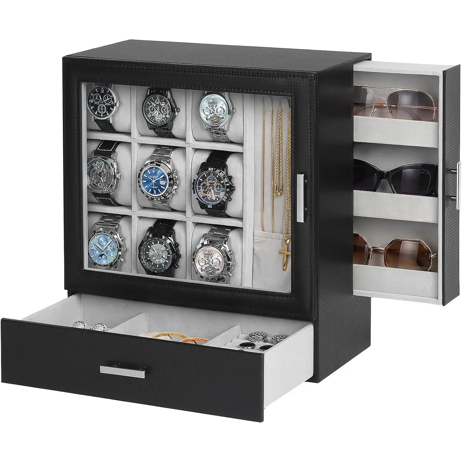 Vertical Jewelry Box for Men, 9 Slot Watch Box Jewelry Organizer with Upright Design and 3 Necklace Hooks , Watch Case for Men with Large Window, Watch Holder, Sunglasses Storage Organizer, Gift Idea