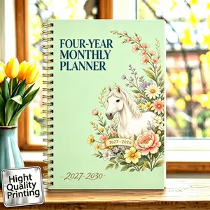 2027-2030 Monthly Planner / Calendar - January 2027 - December 2030, 4-Year Monthly Planner, Green Cover with Colorful Floral White Horse Theme Cover Design Notebook, Yearly Calendar Planning, Monthly Tabs, 48-Month Calendar, 5.5 x 8.3 Inches Thickened Pa
