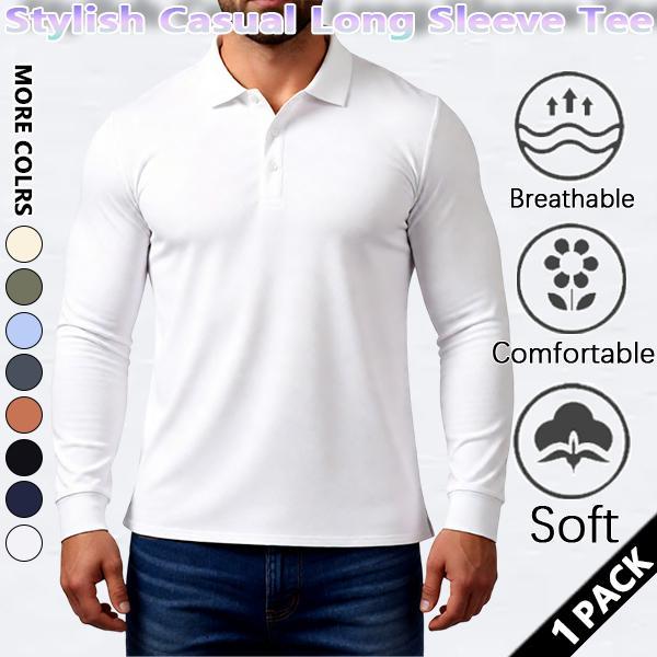 Men's Fitness All-Season Comfortable T-Shirt, Versatile Long-Sleeve Polo Shirt, Lapel Collar, Casual, Elastic, Solid Color, Slim Fit, Wrinkle-Free, Breathable, Figure-Flattering