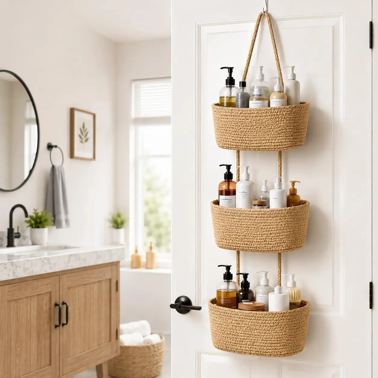 Woven cotton 3-Tier Over the Door Basket, Wall-Mounted Jute Storage Organizer in bathroom, Nursery Baskets, Organizing Baskets, Perfect for Busy Mom/Dad to Store Diapers & Toys Gift Hook laundry basket house organizers