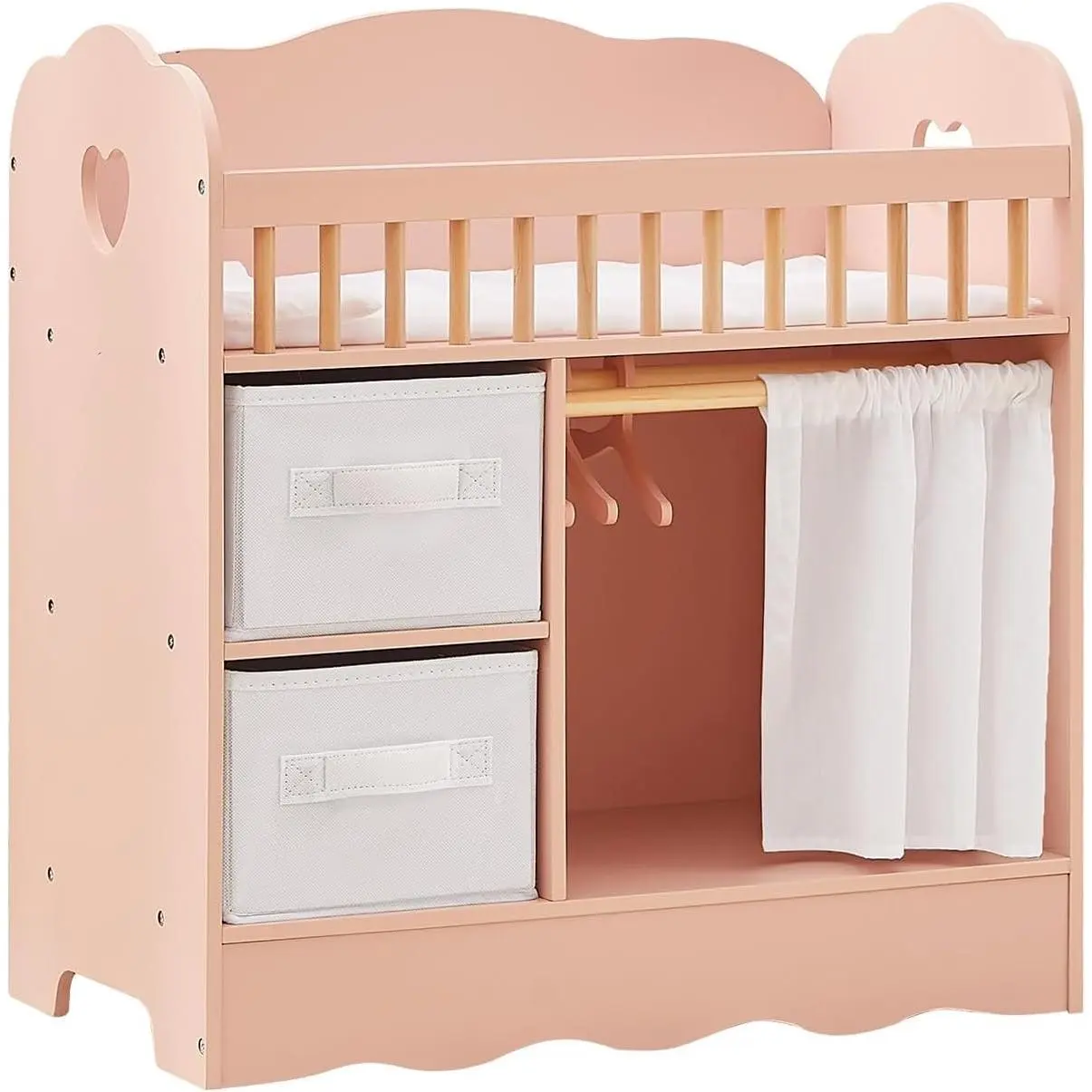 Baby Doll Crib, Wooden Baby Doll Bed and Changing Table, Dollhouse Furniture with Two Storage Box, Bedding and Coat Hangers, Nursery Playset Suitable for Dolls Under 22 Inches, Pink
