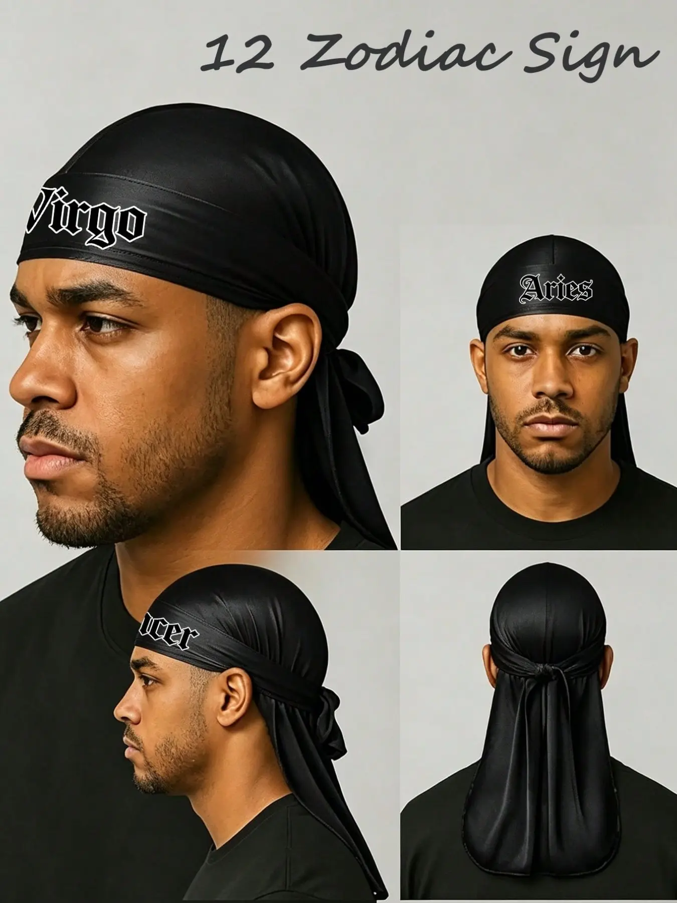 1PC Black Satin Pirate Durag, Customizable 12 Constellation Letter Headwear, Men Long Tail Hair Wrap, Hip Hop Street Head Scarf, Hair Care Accessory For Sleeping, Beach, Workout & Daily Wear, Trendy Gift For Boyfriends And Friends On Holidays & Birthdays