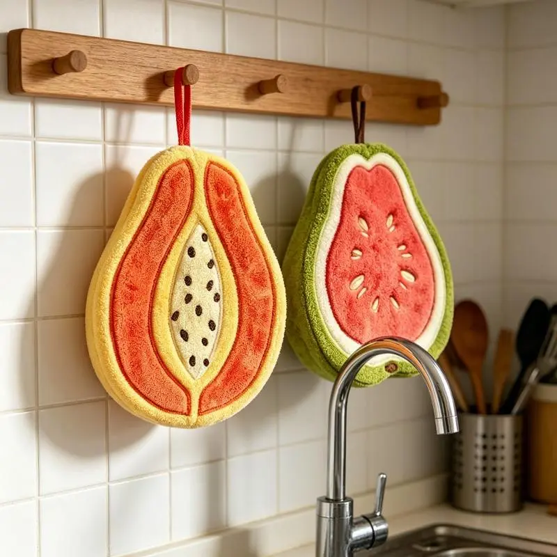 2pcs Cute Papaya And Guava Shaped Hanging Hand Towels, Soft Coral Fleece Absorbent Quick Dry Fruit Hand Cloths, Decorative Hanging Towels for Kitchen Bathroom Household Decor