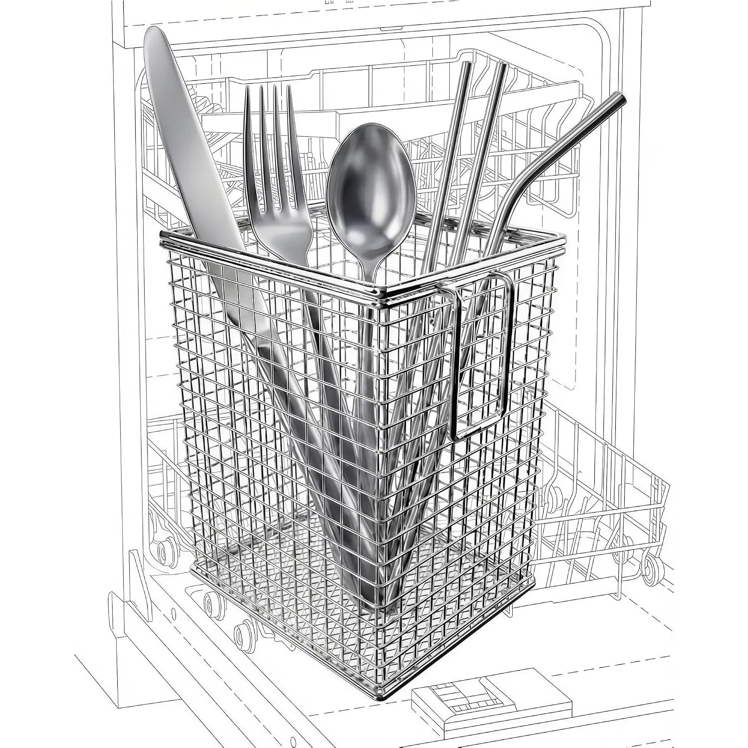 Chopstick Holder, 304 Stainless Steel Dishwasher Chopstick Basket with Hooks, Straw & Silverware Drying Rack for Organizing , Fork, Spoons and Small Kitchen Tools ()