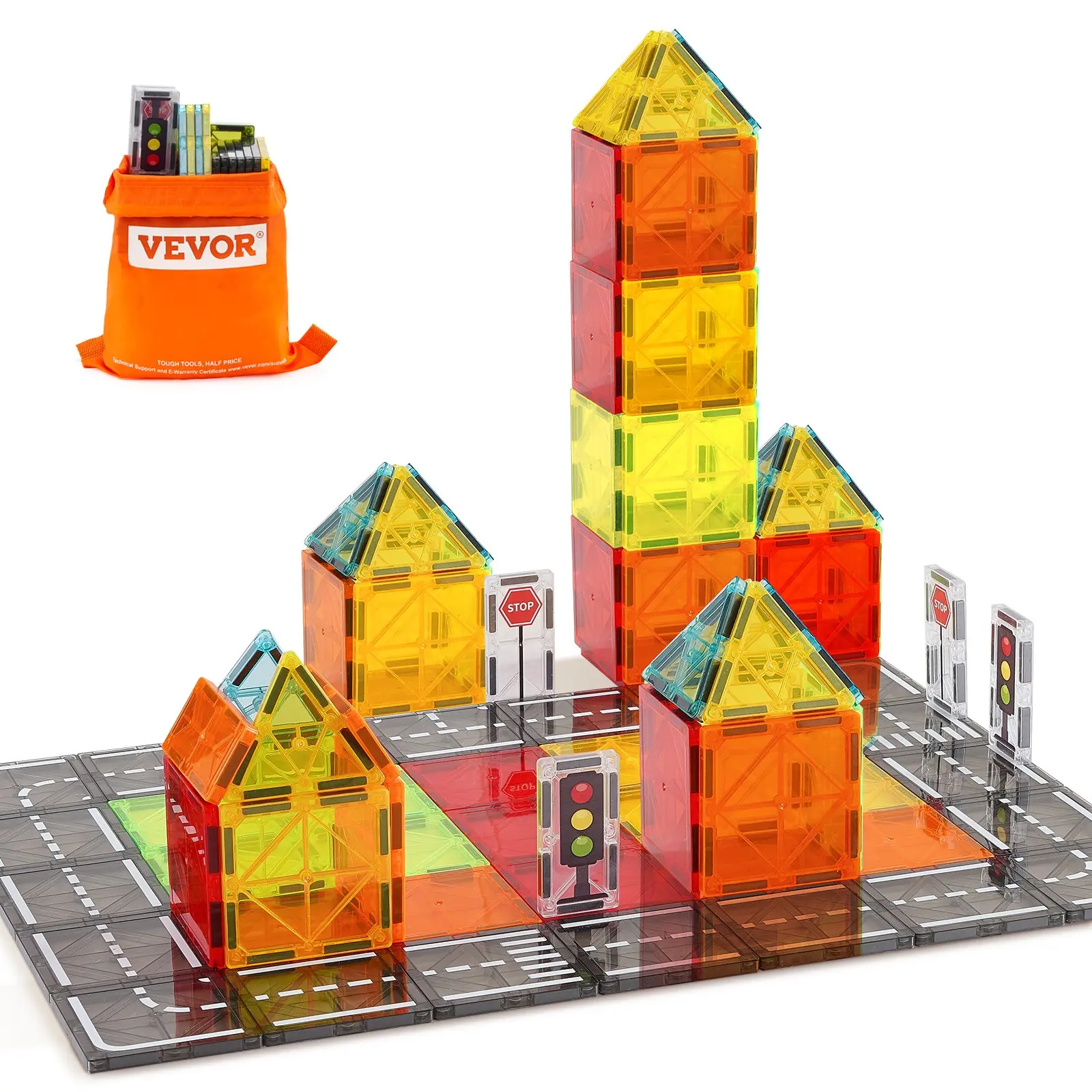 【DealsForYouDays】VEVOR Magnetic Tiles, 56 PCS Magnetic Road Building Blocks for Kids, Magnet Building Set with Storage Bag, STEM Sensory Educational City Construction Stacking Toys Gift for Toddlers Boys Girls Aged 3+