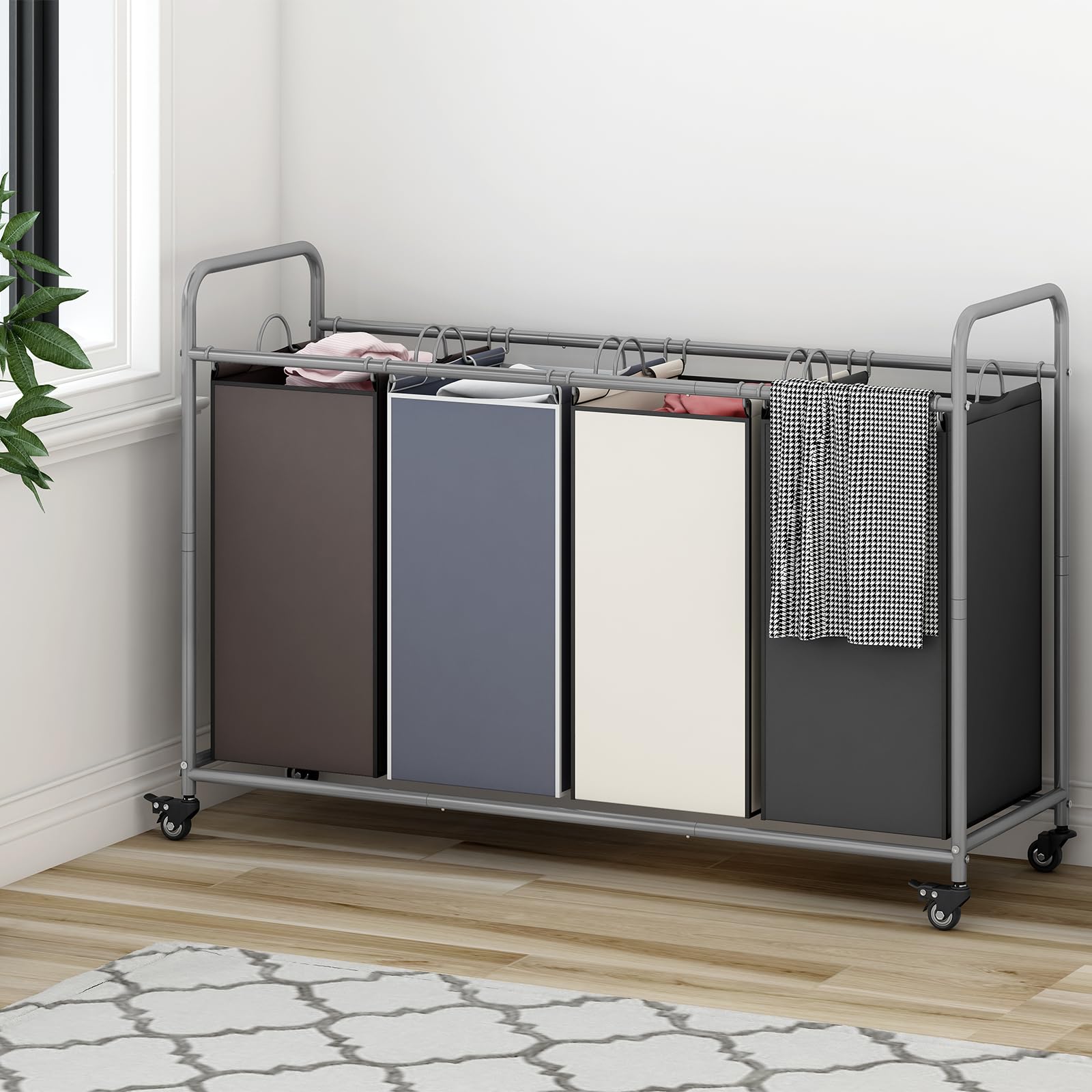 4 Bag Laundry Basket Sorter Laundry Hamper Cart with Heavy Duty Rolling Lockable Wheels and Removable Bags Organiser