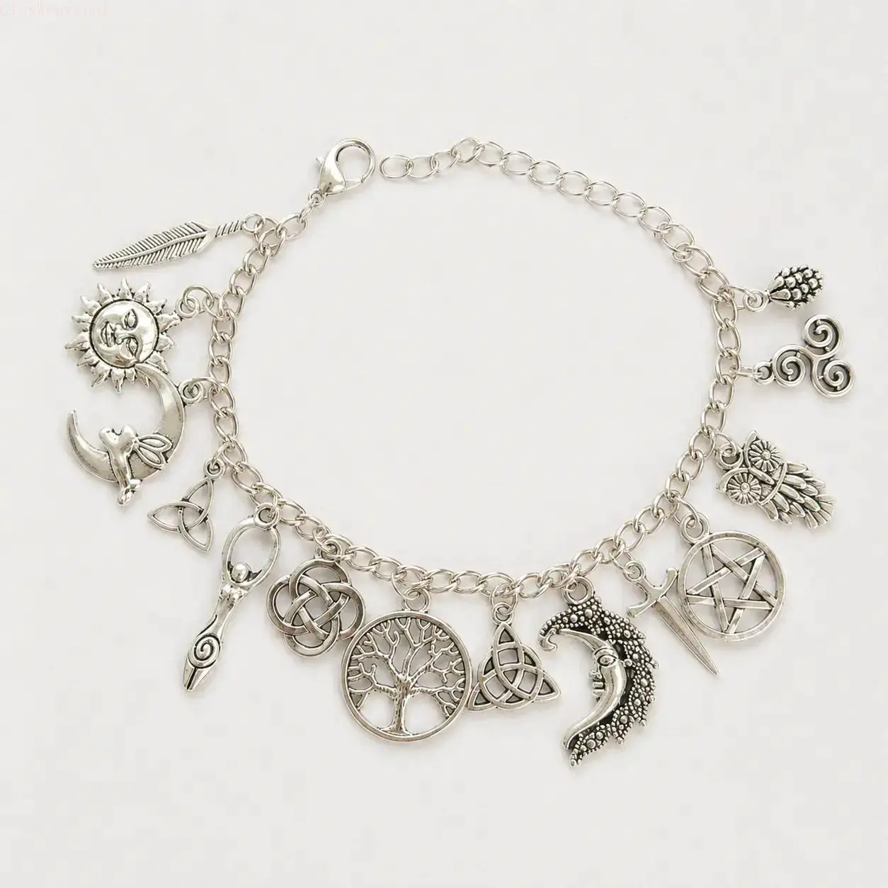 Celestial Charm Bracelet for Women, Witchy Gothic Jewelry with Sun, Moon, Pentagram & Tree of Life Charms, Adjustable Antique Silver Chain, Bracelets For Women