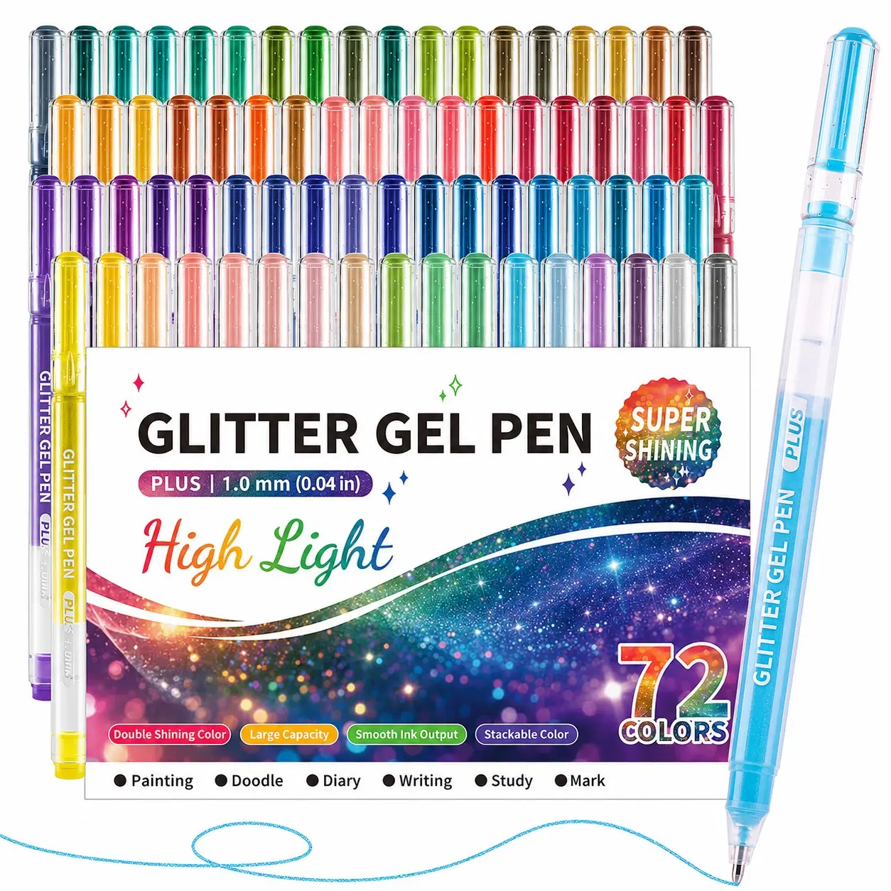 72 Color Glitter Gel Pen, 1.0mm Fine Tip, Large Capacity, Bright Colors, Sparkling Effect, Ideal for DIY, Art, Card Making, Fashion Design, Art Pens