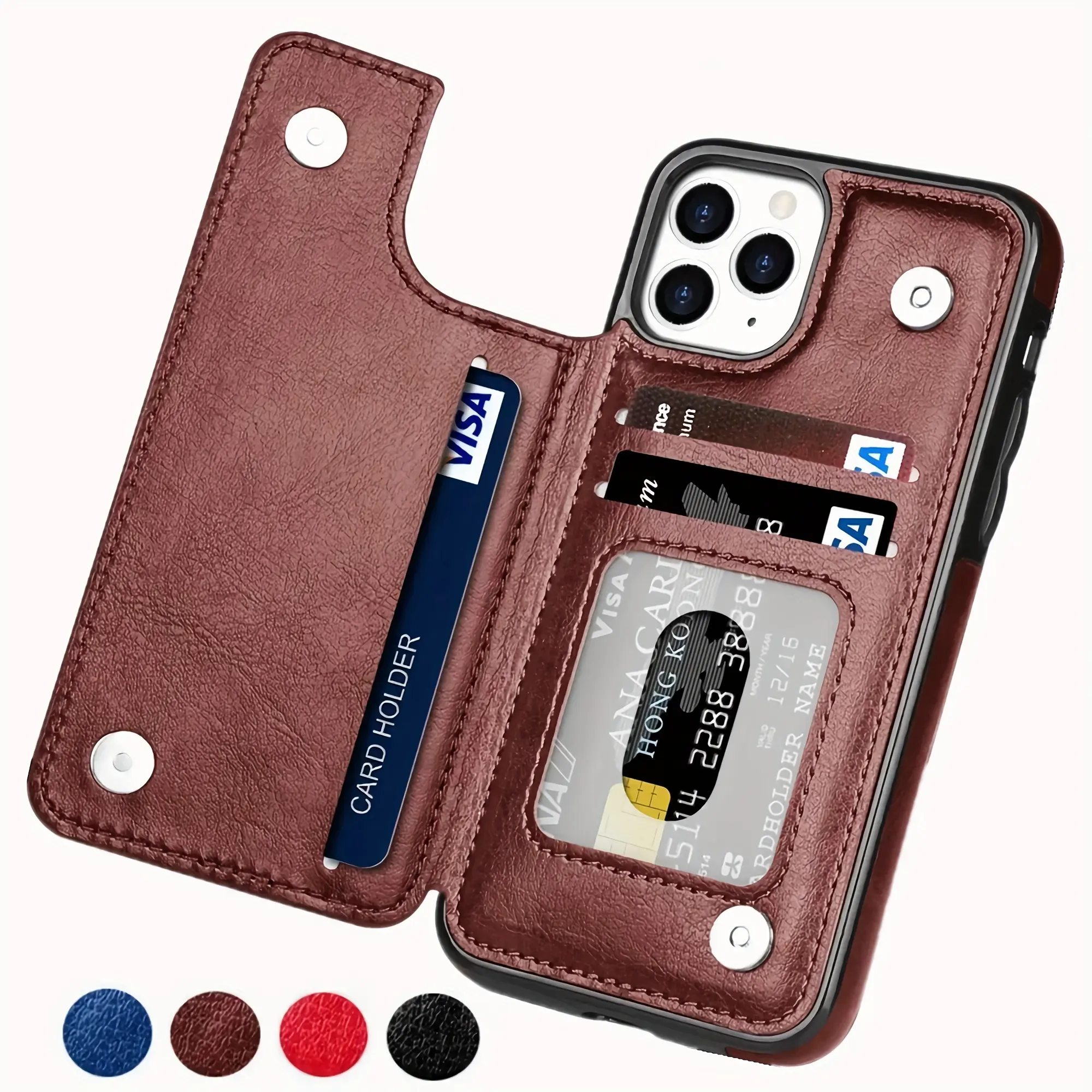 Wallet phone case for iPhone 17 16 16 15 14 13 12 11 Pro Max, with card slot, faux leather stand design, dual magnetic clasp and durable shockproof protection