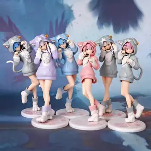 6pcs Anime Re:Zero Rem Ram Emilia Cute Girl Action Figure 20cm Puck Cosplay Hoodie Doll Collect Model Toy Desktop Decor Boy Gift