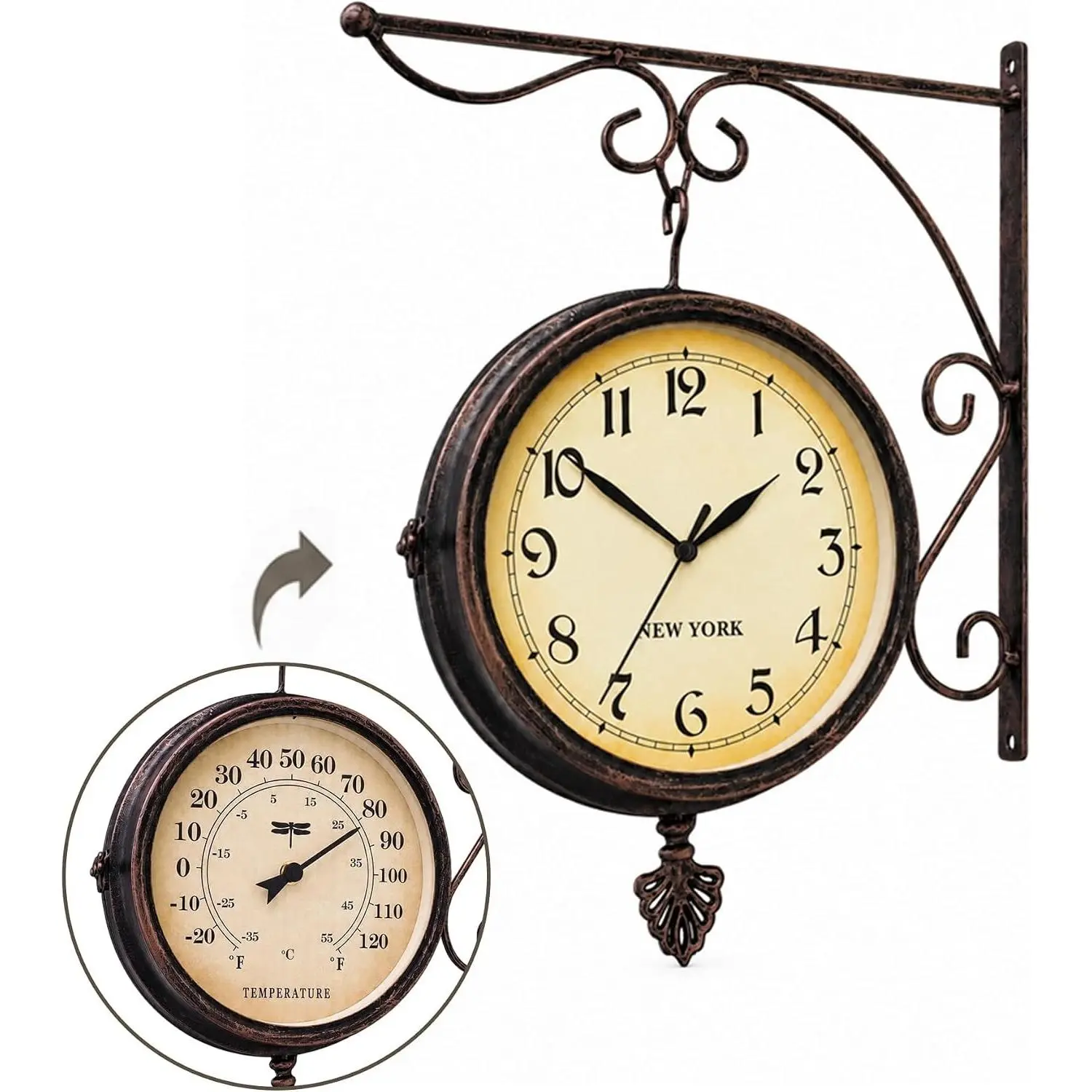 Outdoor Clock Thermometer Combo, Double-Sided Metal Clock Vintage Copper Finish; Weather-Resistant Metal; 7¾" Easy-Read Dial; Ideal for Patios, Porches & Garden Walls