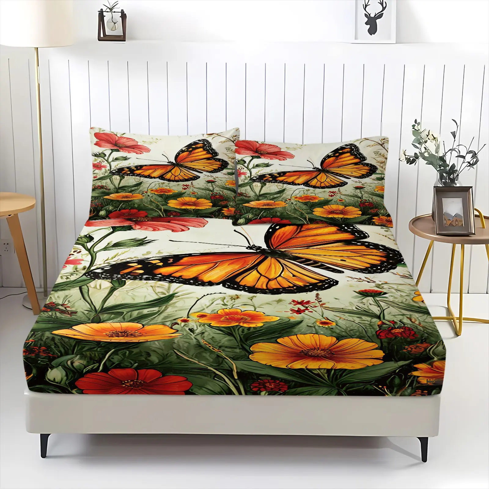 3-Piece Bohemian Spiritual Aesthetic Butterfly Metamorphosis Freedom Style Fitted Sheet Set, Machine Washable, Mattress Protection Design, Suitable for All Ages, Four-Season Universal Bedroom Soft Furnishing (Pillow Cores Not Included)
