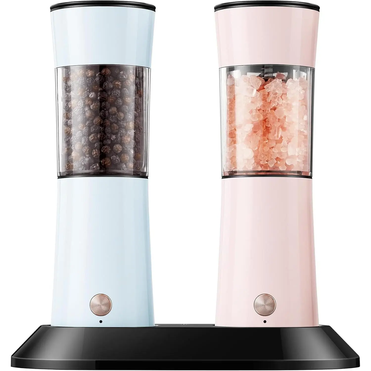 Electric Salt and Pepper Grinder Set with USB-C Charging Base, Rechargeable Automatic Stainless Steel Pepper Mill Grinder with LED Light, 2 Pack in Peach Orange, Morning Haze and Petal Pink