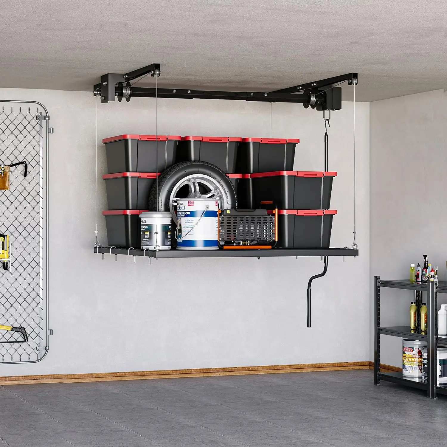 Adjustable 4x4 ft Overhead Garage Storage Rack Lift System,Heavy Duty Ceiling Mount Rack Capacity & Automatic Safety Lock, Space-Saving Hanging Organizer for Attic,Basement,Garage or Shed
