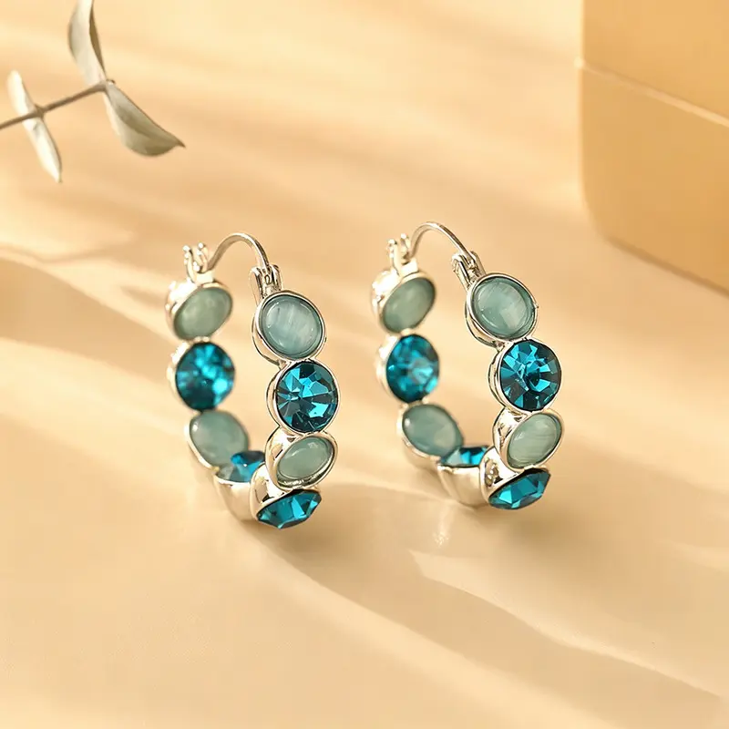 18K Gold Post Sea Blue Cat's Eye Stone and Blue Zirconia Earrings Versatile for Everyday Wear Loop Earrings Fashion Accessories Jewelry for Woman