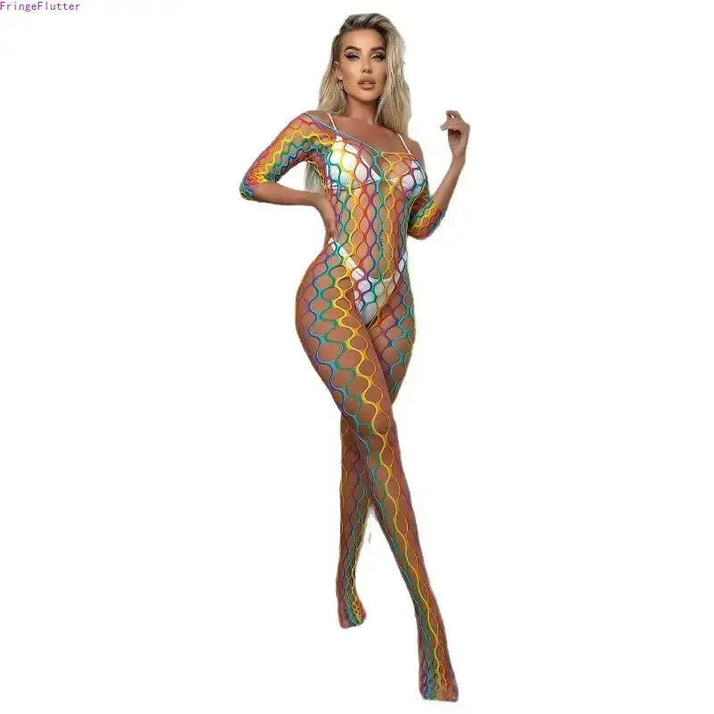 Women's Rainbow Hollow Fishnet Full Bodysuit, Vibrant Open Crotch Bodystocking Costume Accessory, Colorful Sheer Bodysuit for Festival Rave Party Wear
