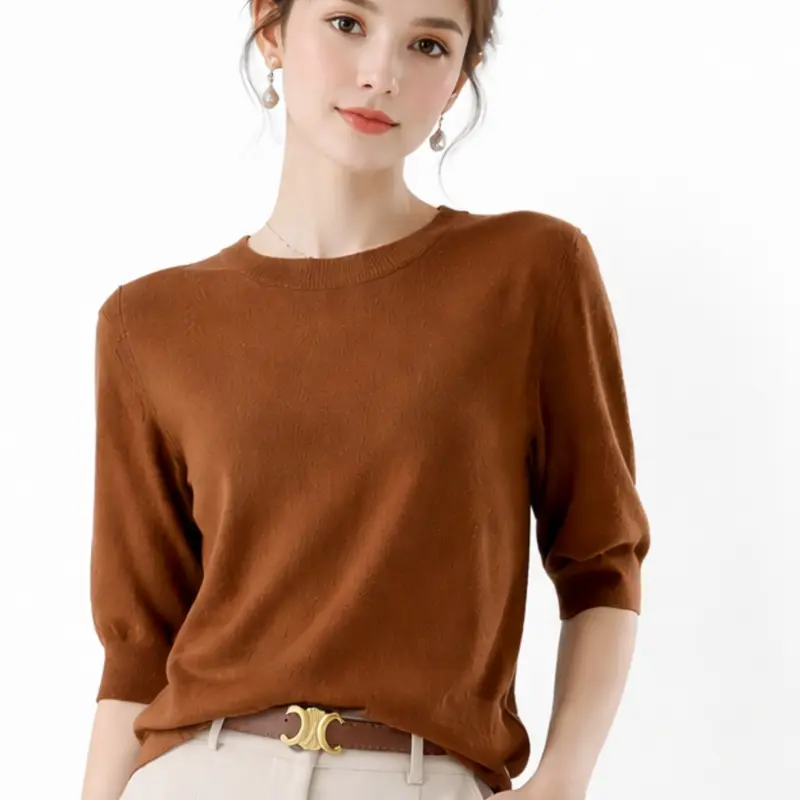 New Cross-Border Fine Knit Round Neck Basic T-Shirt, Women's Mid- Sleeve Knitted Top, Fashion Casual Comfortable Shirt, Soft Smooth Four Seasons Wear, Knitwear, Daily Wear Knitwear