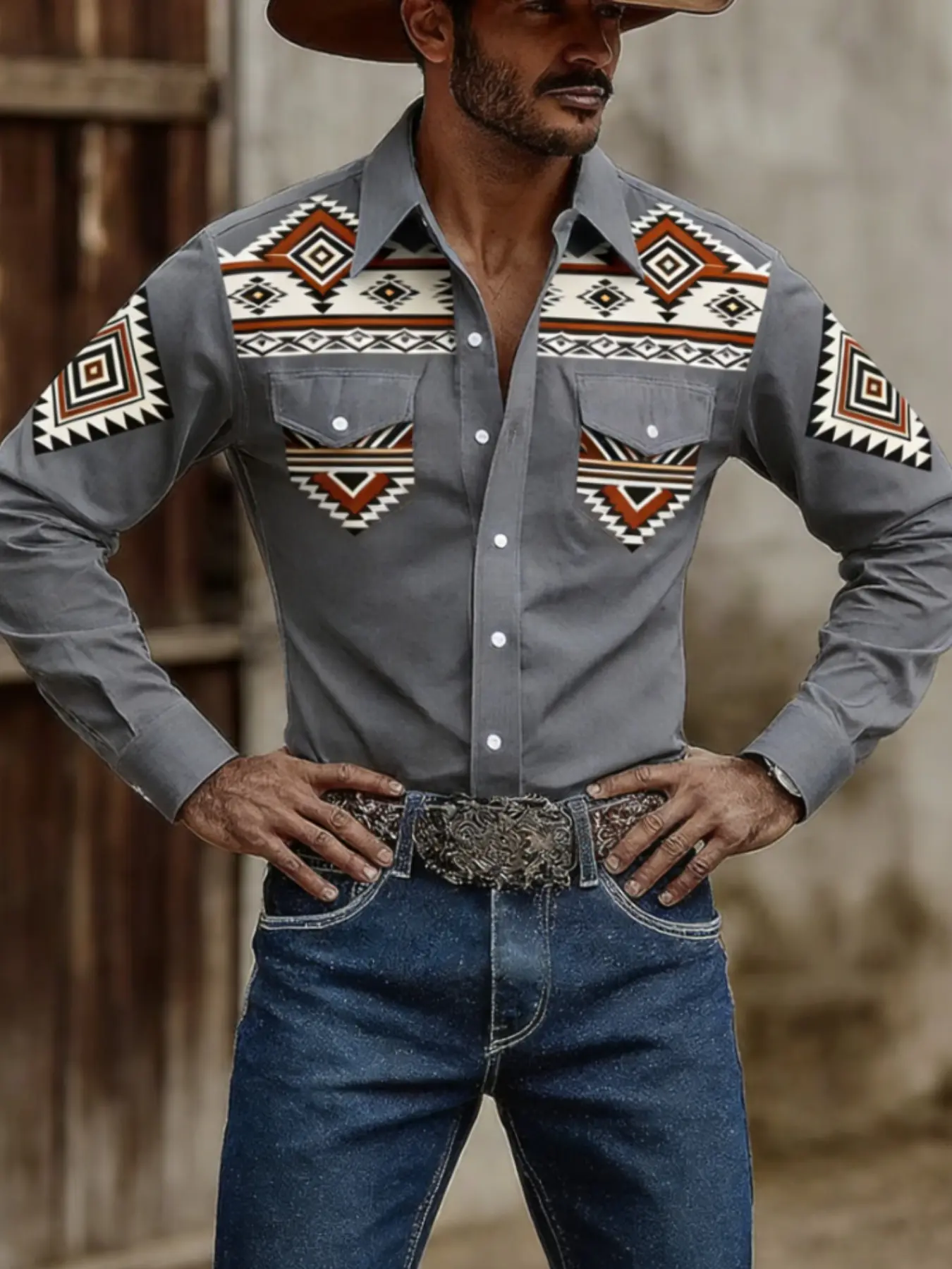 American Vintage Tribal Style Workwear Long Sleeve Shirt, Casual Slim-Fitting All over Print Top, Unlined Full Placket Design
