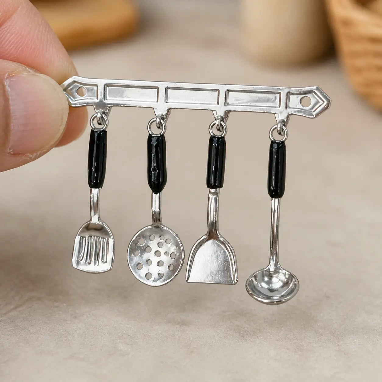 Miniature Dollhouse Kitchen Utensil Wall Rack 5-Piece Set, Gold or Silver Option Sold Separately, Spatula Skimmer Ladle Kitchen Accessory
