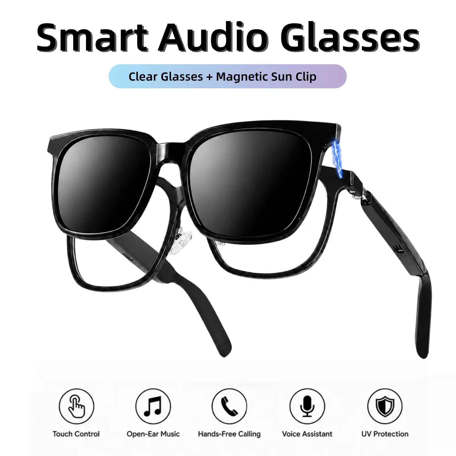 2-in-1 Magnetic Clip-On Smart Glasses for Men Women, Open-Ear Bluetooth Audio Glasses with Touch Control, Voice Assistant, Calls, Music and UV Protection
