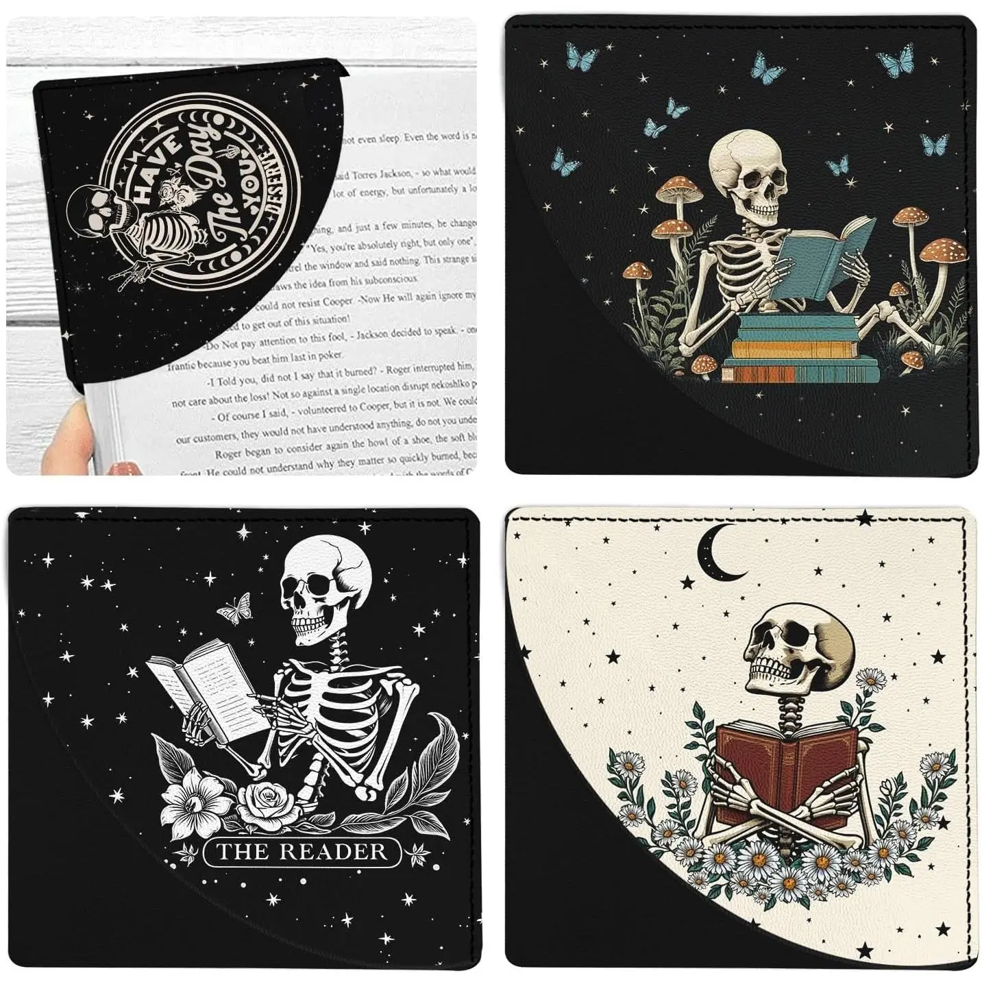 4 count Skull Book Corner Bookmarks, Gothic Skeleton Book Accessories for Book Lovers, Funny Leather Reading Book Page Markers for Women Men Teacher Student  Birthday Gifts